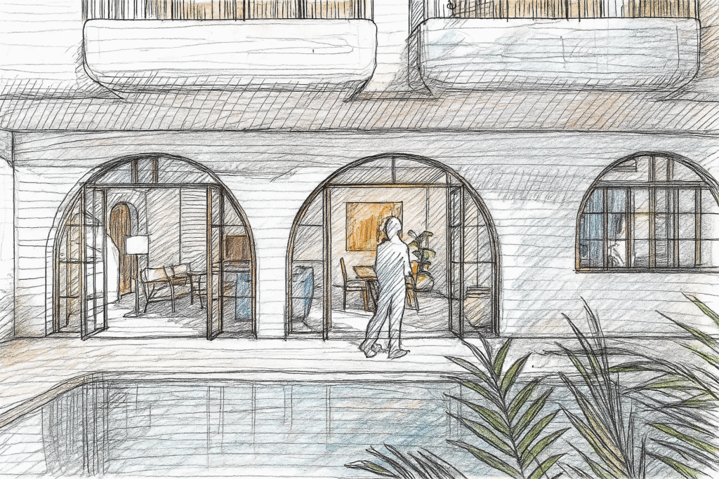 Colored architectural sketch of villa design in Bali