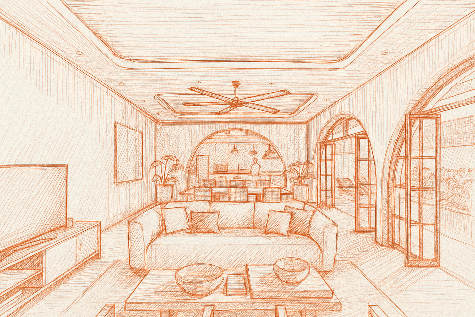 "Watercolor architectural visualization of tropical villa