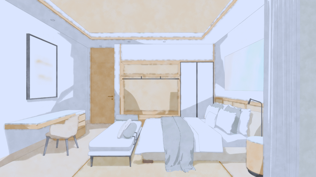 "Watercolor architectural visualization of modern interior
